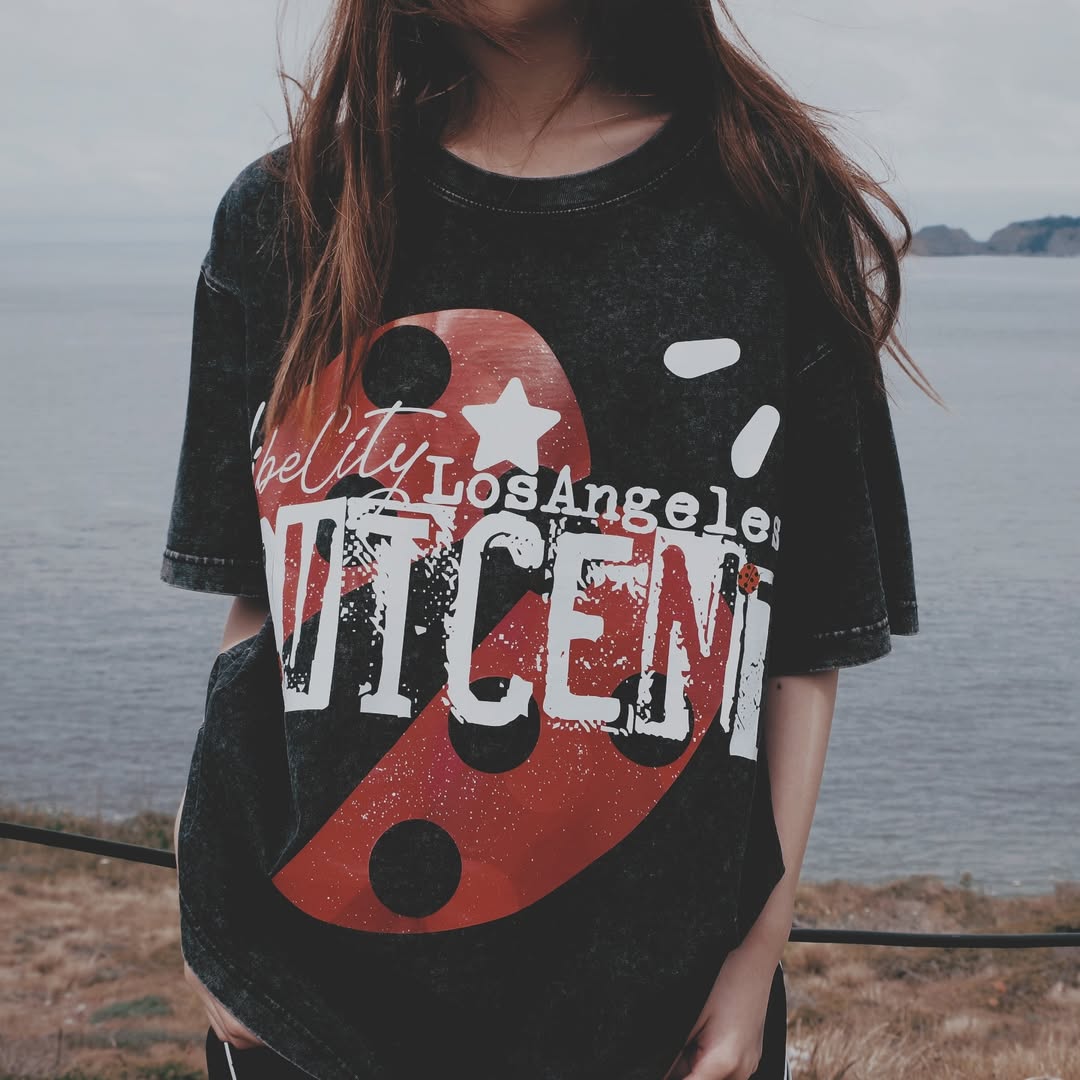 No. 2, Vibe City LA, Oversized Big T-Shirt, Shoulder Drop Short-Sleeve, Vintage Style, 100% Cotton, Black