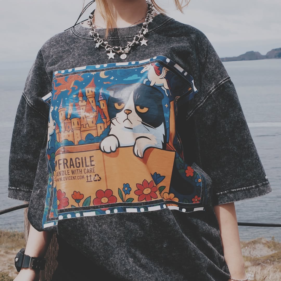 No. 4, Moxy, Oversized Big T-Shirt, Shoulder Drop Short-Sleeve, Vintage Style, 100% Cotton, Black