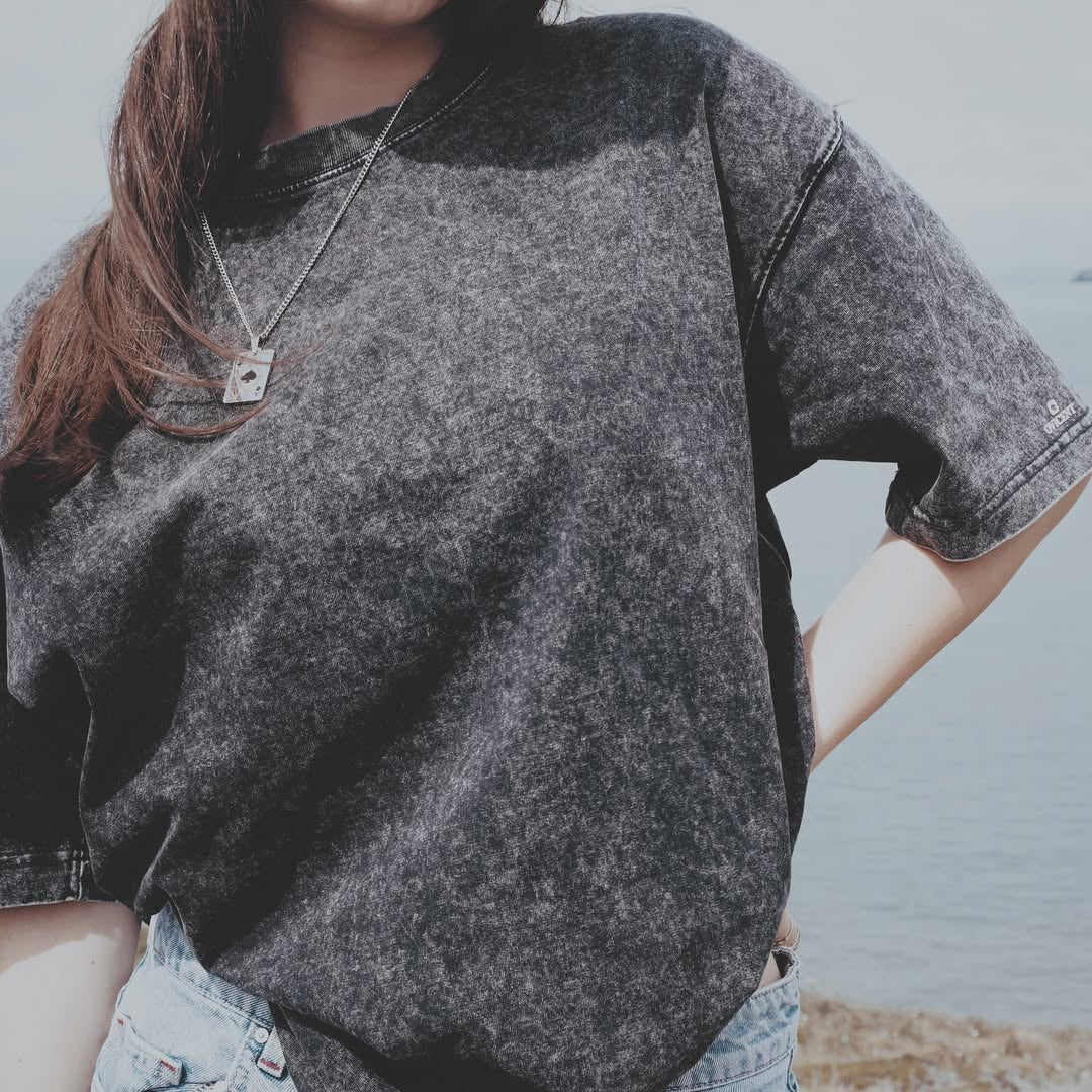 No. 1, Star Relic, Oversized Big T-Shirt, Shoulder Drop Short-Sleeve, Vintage Style, 100% Cotton, Black
