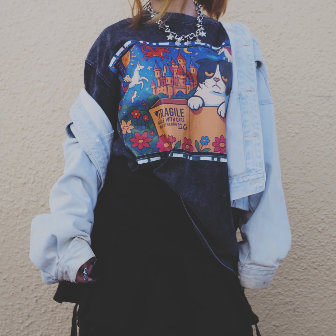 No. 4, Moxy, Oversized Big T-Shirt, Shoulder Drop Short-Sleeve, Vintage Style, 100% Cotton, Black