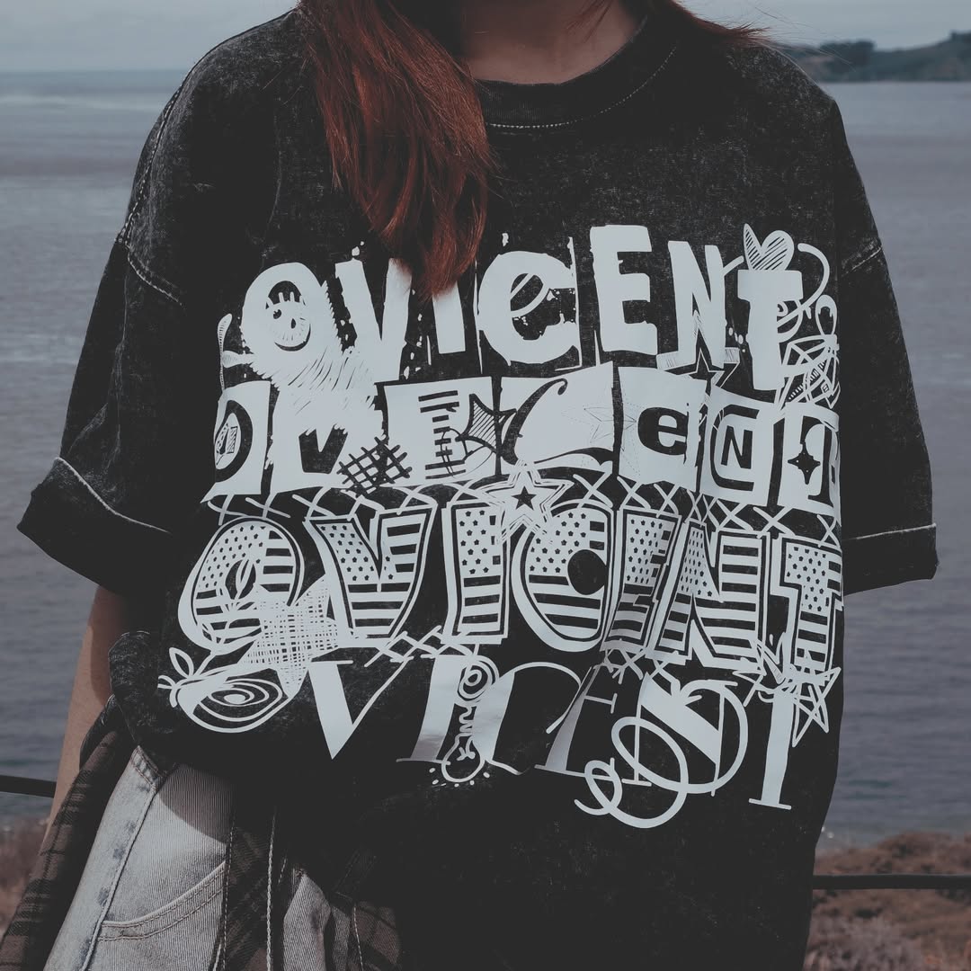No. 3, Graphics X, Oversized Big T-Shirt, Shoulder Drop Short-Sleeve, Vintage Style, 100% Cotton, Black