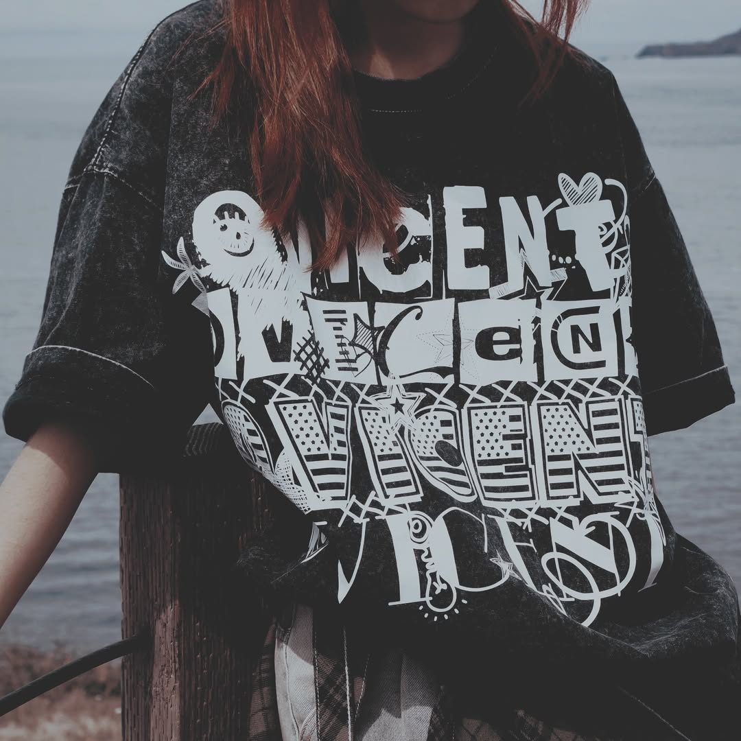 No. 3, Graphics X, Oversized Big T-Shirt, Shoulder Drop Short-Sleeve, Vintage Style, 100% Cotton, Black