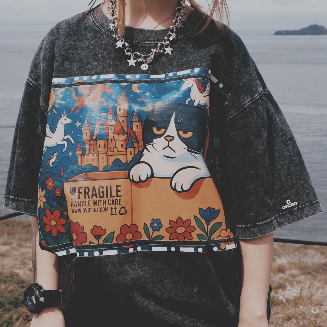 No. 4, Moxy, Oversized Big T-Shirt, Shoulder Drop Short-Sleeve, Vintage Style, 100% Cotton, Black