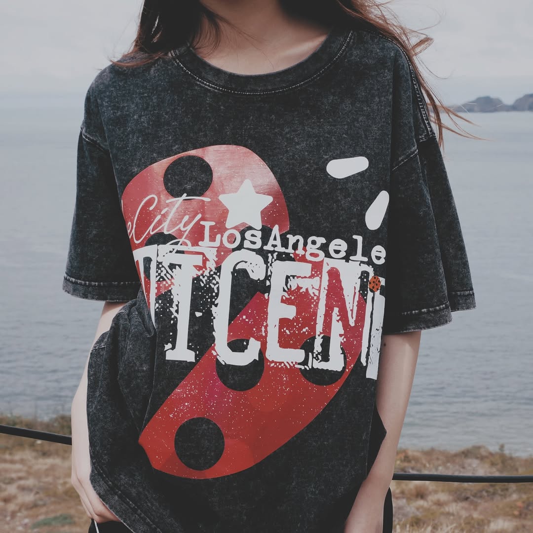 No. 2, Vibe City LA, Oversized Big T-Shirt, Shoulder Drop Short-Sleeve, Vintage Style, 100% Cotton, Black