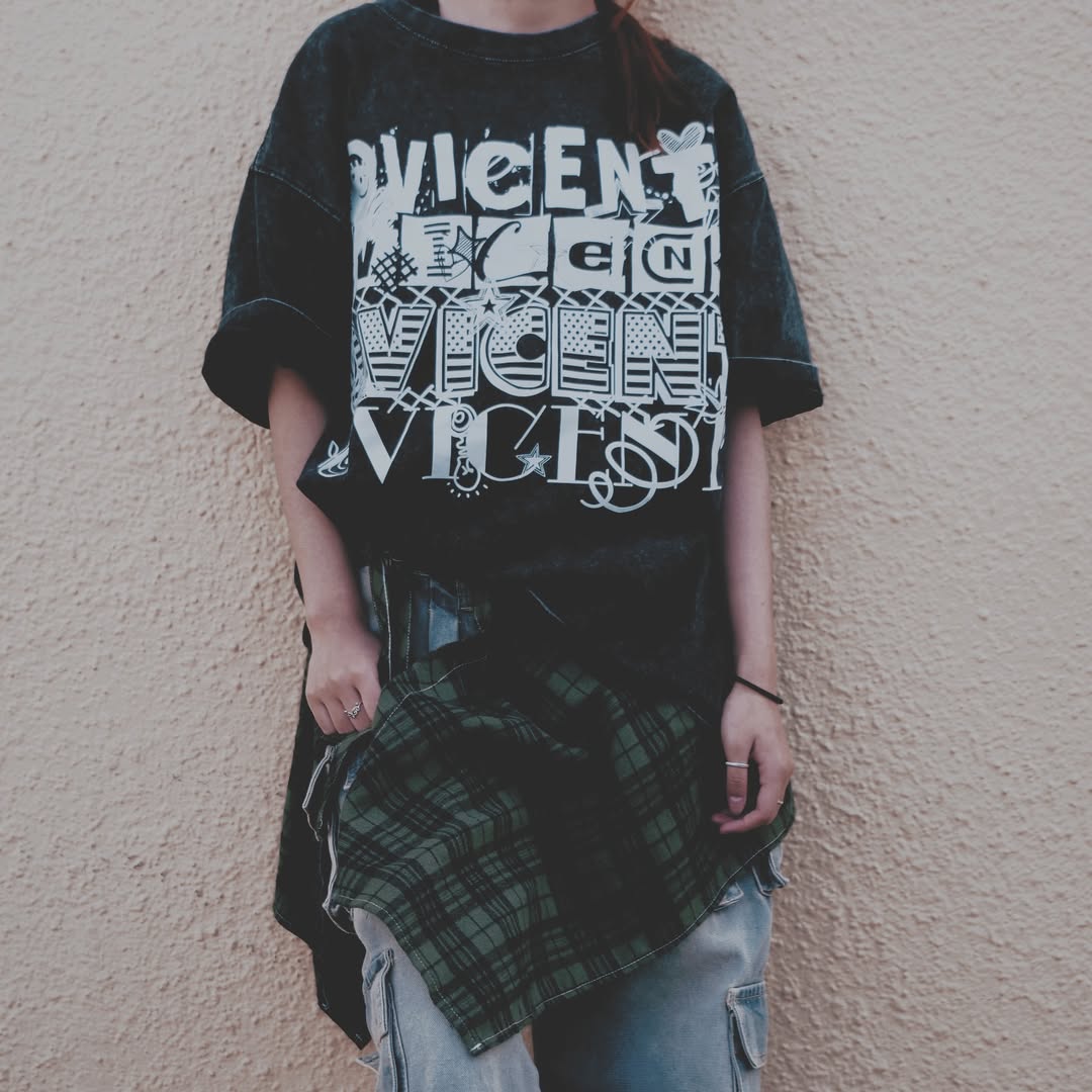 No. 3, Graphics X, Oversized Big T-Shirt, Shoulder Drop Short-Sleeve, Vintage Style, 100% Cotton, Black