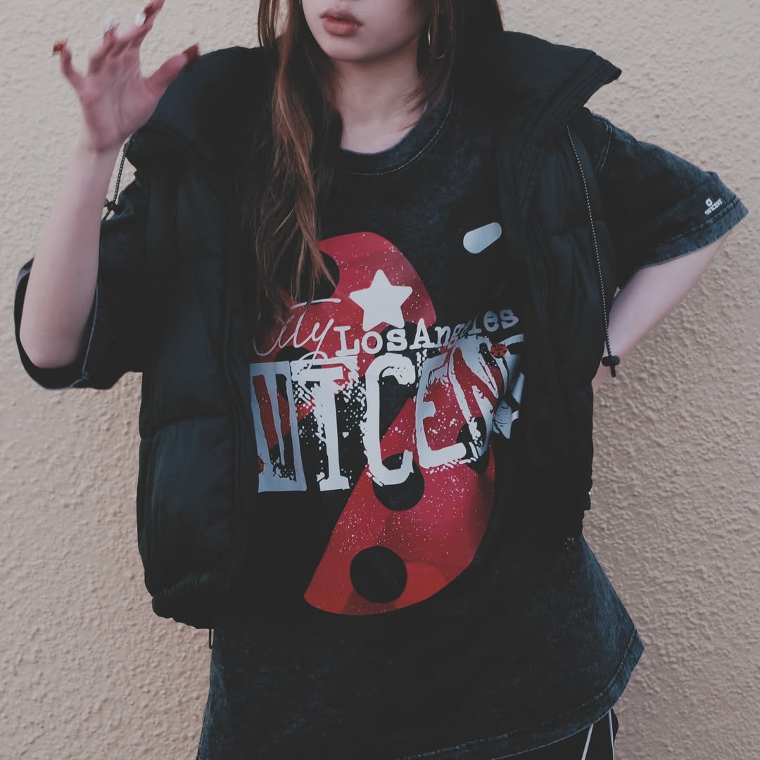 No. 2, Vibe City LA, Oversized Big T-Shirt, Shoulder Drop Short-Sleeve, Vintage Style, 100% Cotton, Black
