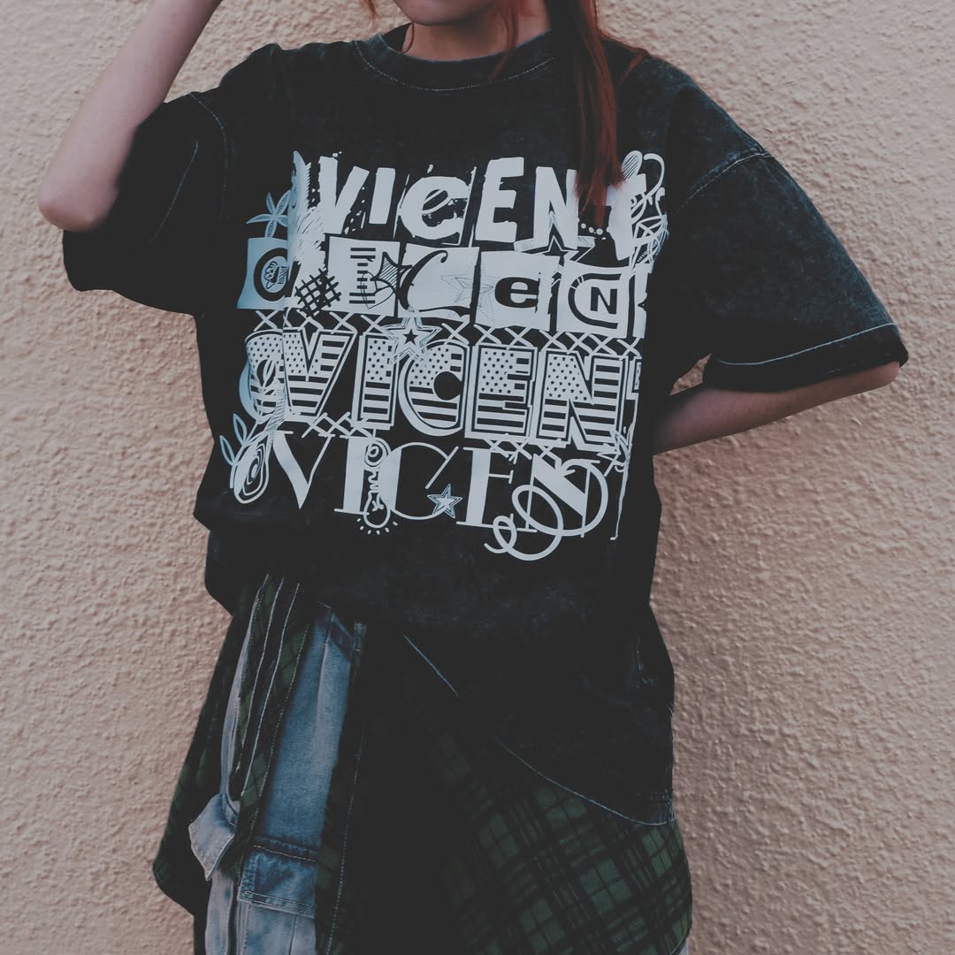 No. 3, Graphics X, Oversized Big T-Shirt, Shoulder Drop Short-Sleeve, Vintage Style, 100% Cotton, Black